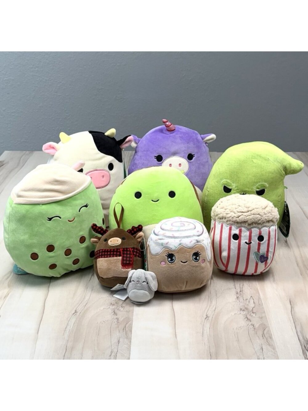 Lot 9 Plush SQUISHMALLOWS Kiwi/Boba Unicorn Turtle Popcorn Ghost Cow Moose Bunny